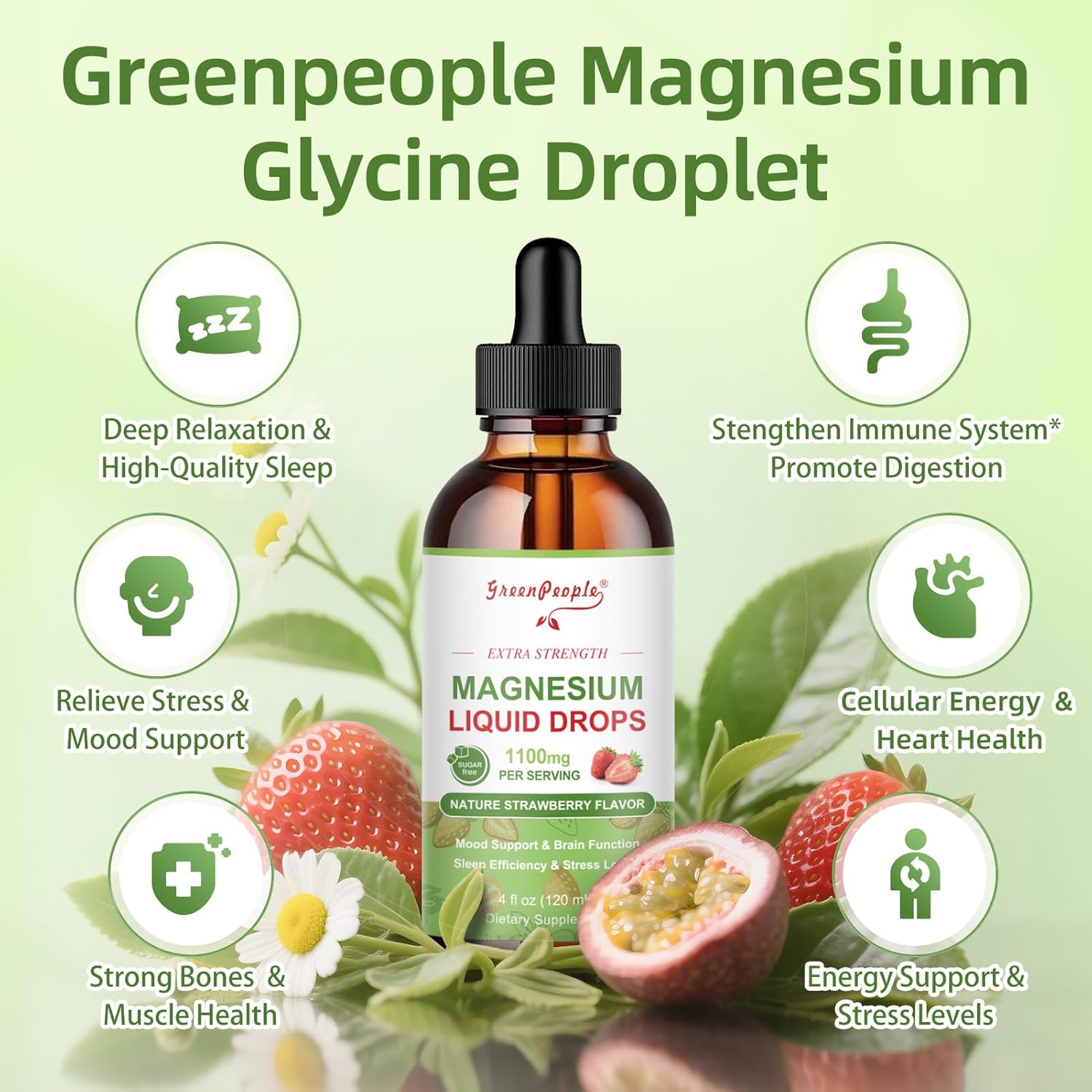 GREENPEOPLE Magnesium Glycinate Liquid Drop - 17-in-1 4Fl. Oz Triple Magnesium Complex Supplement with Glycinate 400mg & Citrate 500mg Taurate/L-Theanine for Calm Mood/Muscle/Sleep,Strawberry Flavor