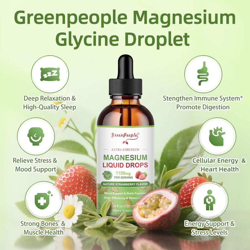 GREENPEOPLE Magnesium Glycinate Liquid Drop - 17-in-1 Triple Absorption Magnesium Supplement with Magnesium Glycinate 400mg & Citrate 500mg for Muscle & Sleep,4 fl. oz Strawberry Flavor-2 Pack