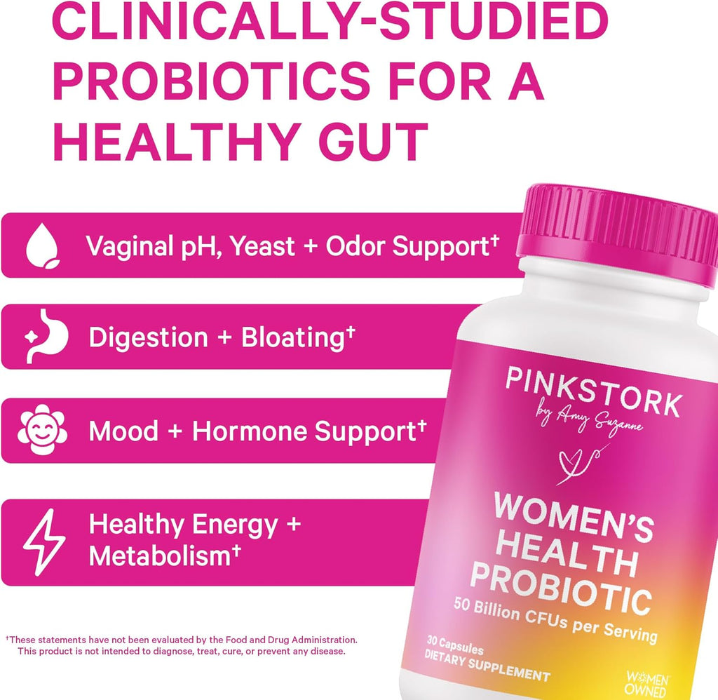 Pink Stork Women’s Probiotic Capsules – 50 Billion CFU Probiotics and Prebiotics – Supports Vaginal Flora, pH Balance, Gut Health, Mood + Digestive Wellness – Dairy-Free, Vegan, Non-GMO – 30 Count