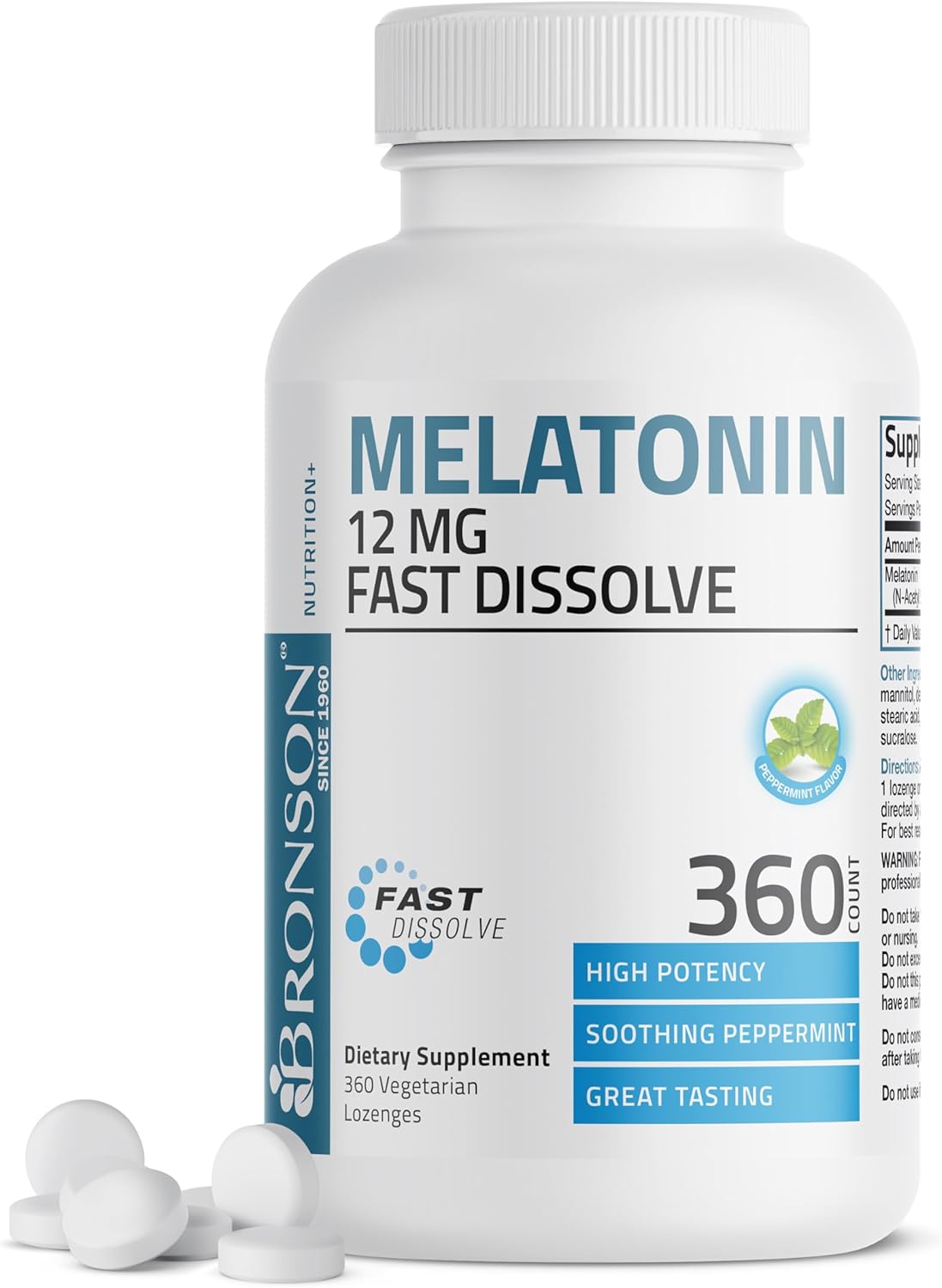 Bronson Melatonin 12mg Fast Dissolve Nighttime Sleep Aid Support & Relaxation Support, 360 Peppermint Vegetarian Lozenges