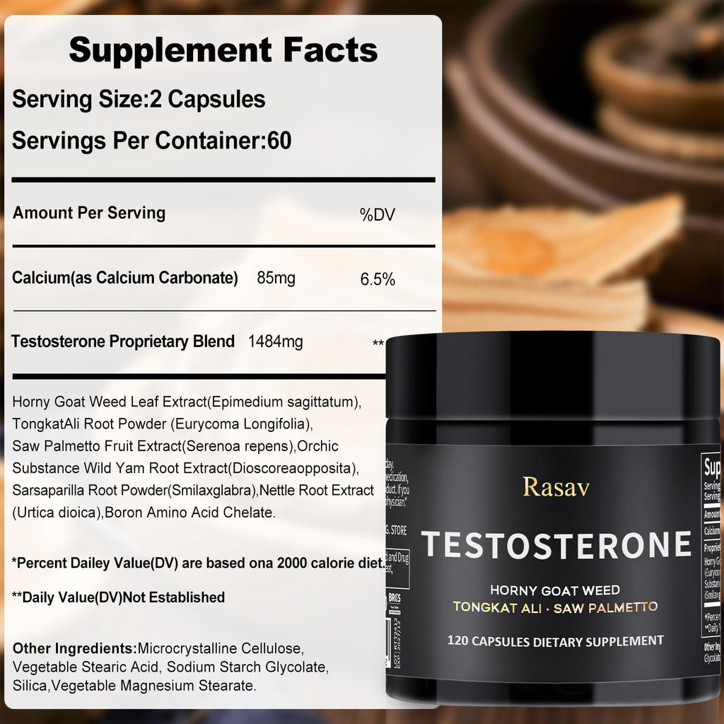 Rasav Horny Goat Weed and Tongkat Ali Supplement for Men, Testosterone Booster Supplement for Men, Male Enhancing Supplements, Supports Muscle Growth, Strength, Energy and Stamina, 120 Capsules