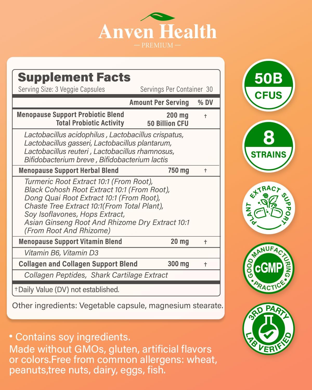 Menopause Supplements for Women,Vitamin D3 & B6, Menopause Probiotics Relief,Supports Hot Flashes, Night Sweats, Bloating & Gut Health with Herbs, Collagen Peptides | 90 Veggie Caps