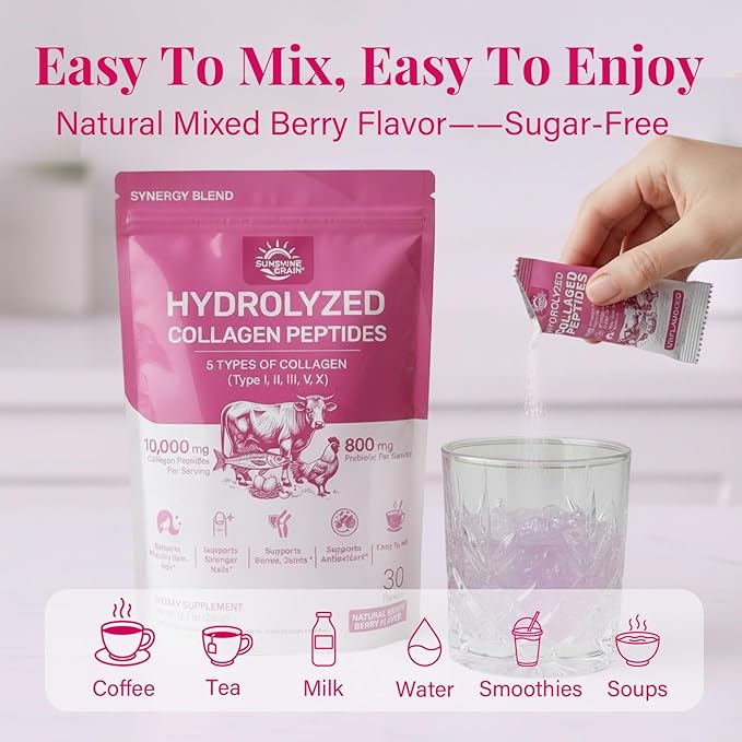 Multi Collagen Peptides Powder for Women – 10g Hydrolyzed Collagen Type I, II, III, V & X with Biotin, Hyaluronic Acid & Prebiotics | Hair, Skin, Nail & Bone Support | Berry Flavor | 30 Stick Packs