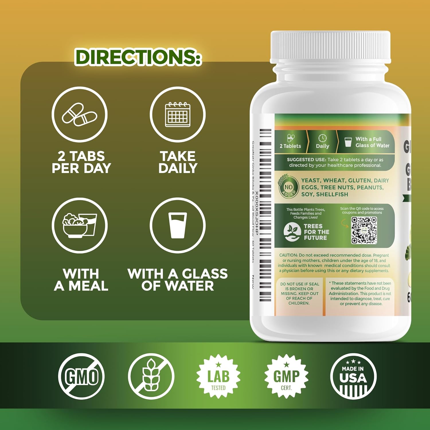 Ginko Biloba & Panax Ginseng Supplement - Red Ginseng Brain Supplement for Memory and Focus - Ginkgo Biloba Supplements for Good Vision, Immune System and Improved Blood Flow - 120 Tablets