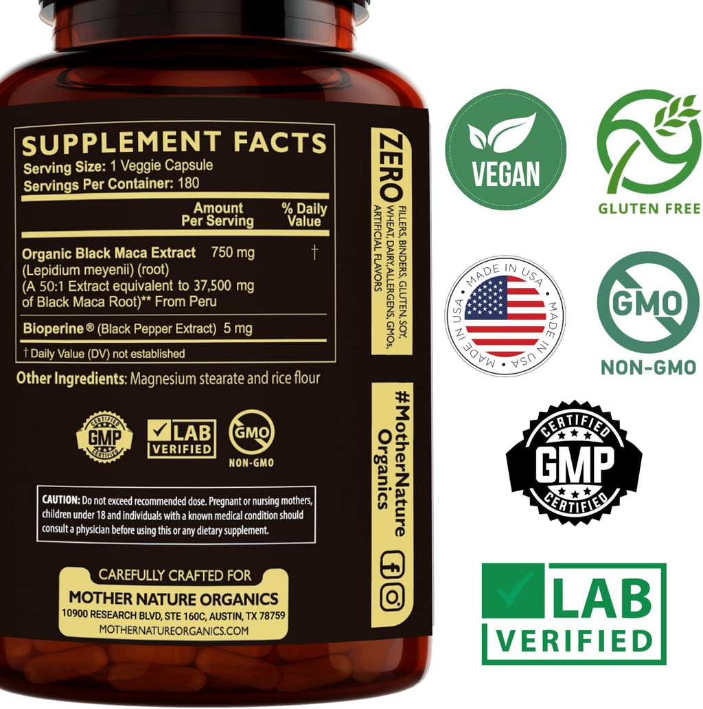 Mother Nature 37,500mg 50x Strength Organic Highly Concentrated Peruvian Black Maca Root Capsules for Men 100% Pure Maca Peruana 50:1 Extract to Boost Stamina, Enegy, Muscle Gain - 180ct