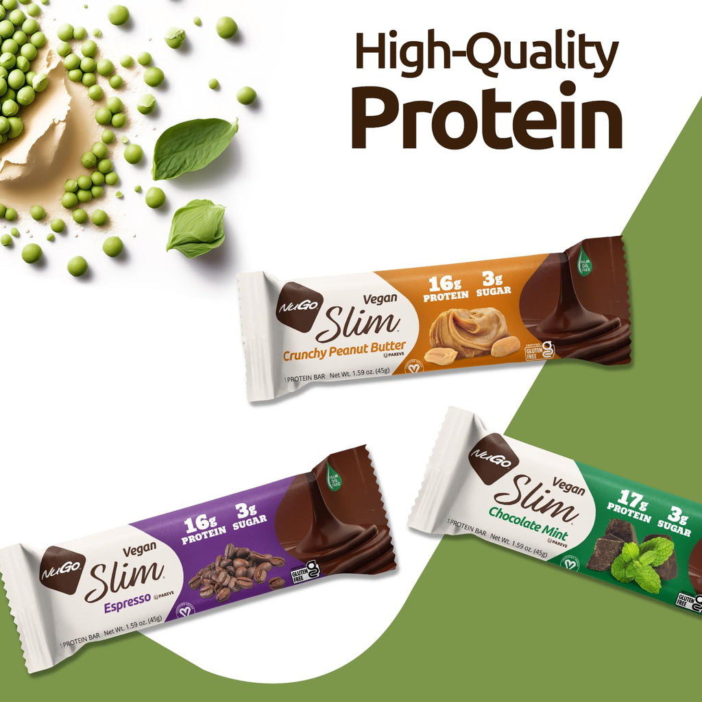 NuGo Slim Dark Chocolate Espresso, 16g Vegan Protein, 3g Sugar, 7g Fiber, Low Net Carb, Keto Friendly, Gluten Free, 12 Count