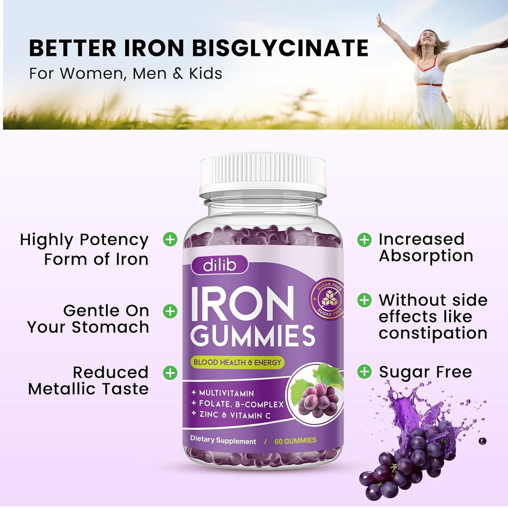 Iron Gummies with Multivitamin, Iron Supplement for Women & Men with Zinc, Vitamin B Complex & C, B12, Folate - Blood Builder & Energy Support for Adults & Kids - Grape Flavor, Vegan 60 Gummies
