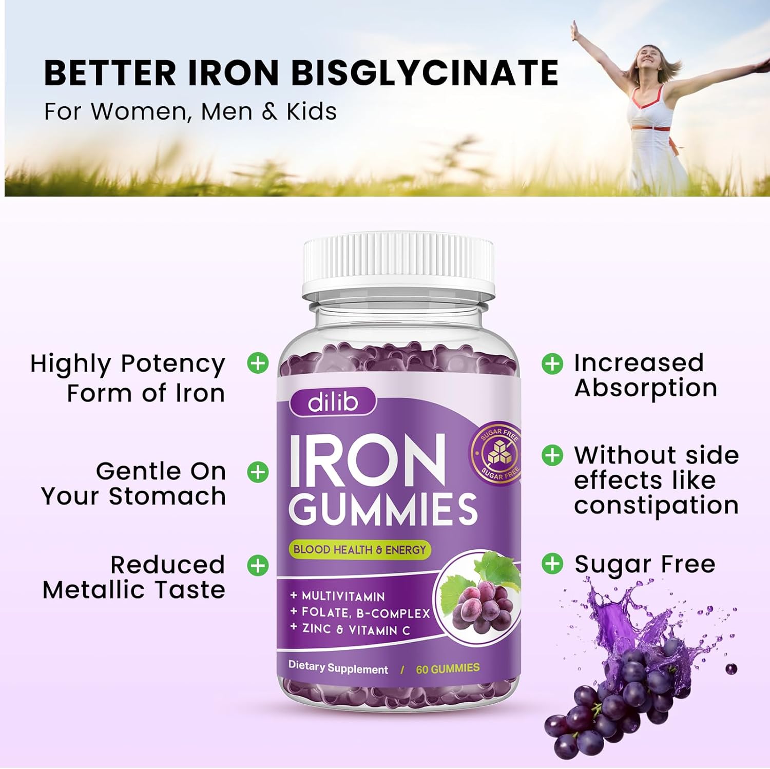 Iron Gummies with Multivitamin, Iron Supplement for Women & Men with Zinc, Vitamin B Complex & C, B12, Folate - Blood Builder & Energy Support for Adults & Kids - Grape Flavor, Vegan 60 Gummies