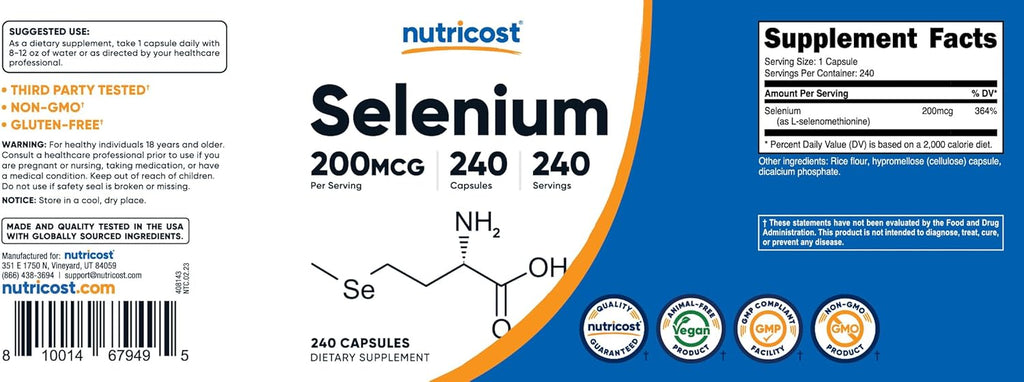 Nutricost Selenium 200mcg, 240 Vegetarian Capsules, Non-GMO, Gluten Free L-Selenomethionine