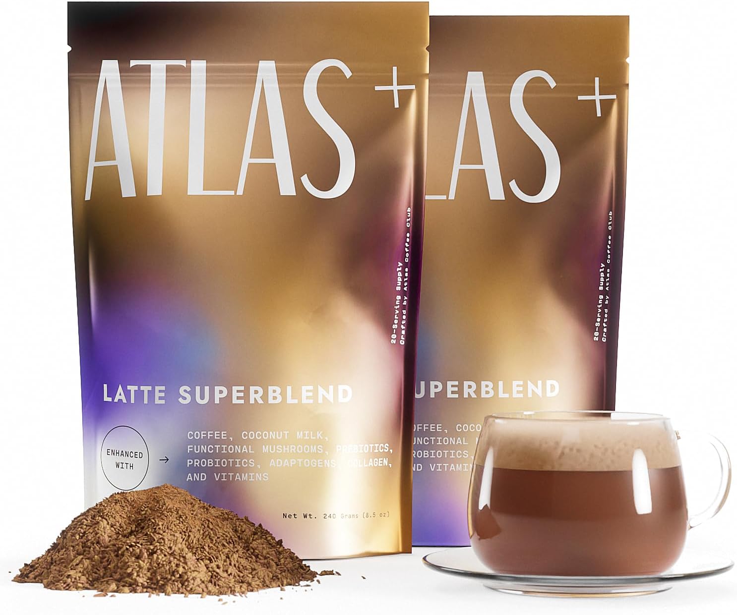 Atlas+ Latte Superblend– Premium Mushroom Coffee with Collagen, Probiotics, D3 & B12, Lion’s Mane, Reishi, Cordyceps, Coconut– for Energy, Focus, Immunity & Gut Health– 40 Servings (2 Bags)