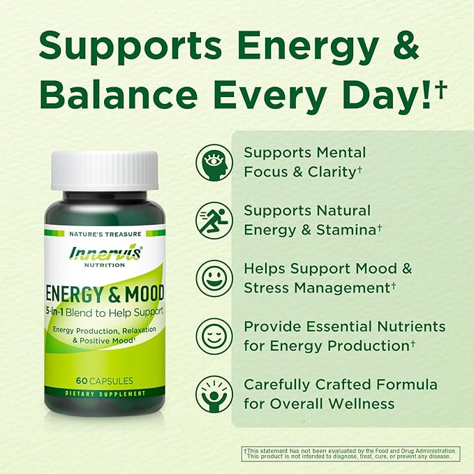 Energy & Mood Supplement – Boost Energy & Reduce Fatigue, Support Relaxation – 60 Capsules – Non-GMO, 3rd Party Tested – Innervis Nutrition