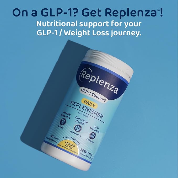Replenza Daily Replenisher GLP-1 Nutritional Support, Powder, Muscle Recovery, Digestive Health & Skin Elasticity Mix of Amino Acids, Prebiotics and Collagen Peptides – Lemon Flavored, 30 Scoops