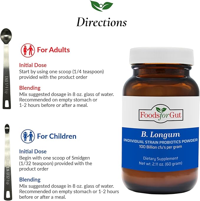 Bifidobacterium Longum Probiotic Powder 100 Billion cfu's | Made in USA | No Additives | Direct from Manufacturer | No Third-Party Storage | Immune Support | B. Longum | 60 Grams (2.11 Oz)