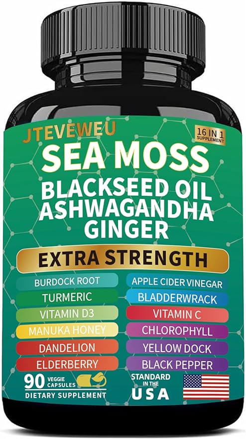 Sea Moss Black Seed Oil Ashwagandha Ginger, Organic Sea Moss Capsules with Burdock Root, Bladderwrack, Advanced Multimineral Supplement（90 Count）