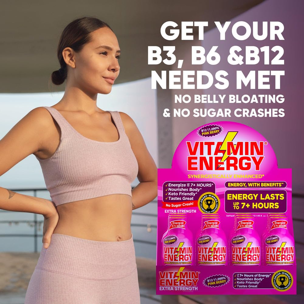 Vitamin Energy B12 11,000% Extra Strength Energy Shot Pink Berry 48 Pack, 260mg Natural Caffeine, B12 & B6, Nootropic Focus, Vitality, Zero Sugar, Gluten-Free, Vegan, Kosher, 1.93 fl oz