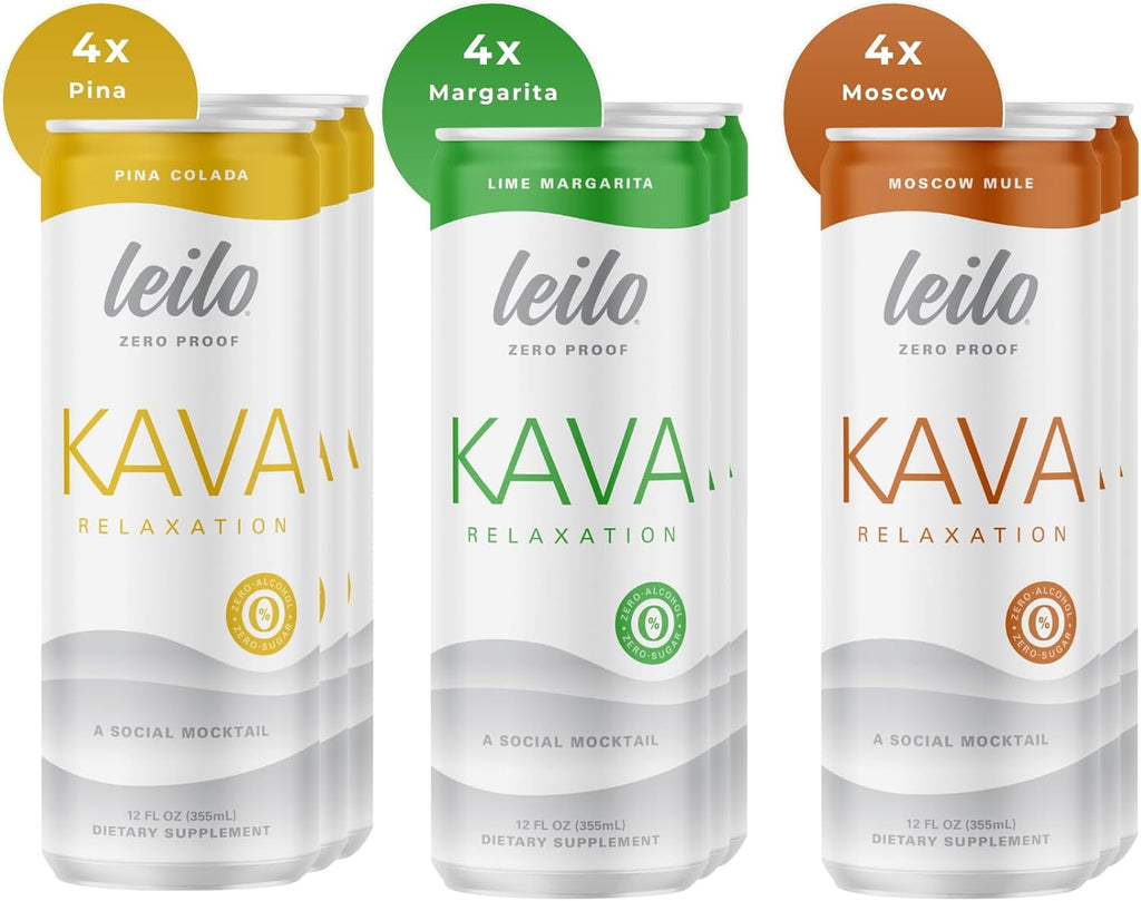 LEILO | Kava Powered Mocktail Drinks | Variety 12-Pack – Sugar-Free & Non-ALC Functional Relaxation Support – Includes 4 of Each: Margarita, Pina Colada, Moscow Mule | 12 fl oz Cans (Pack of 12)