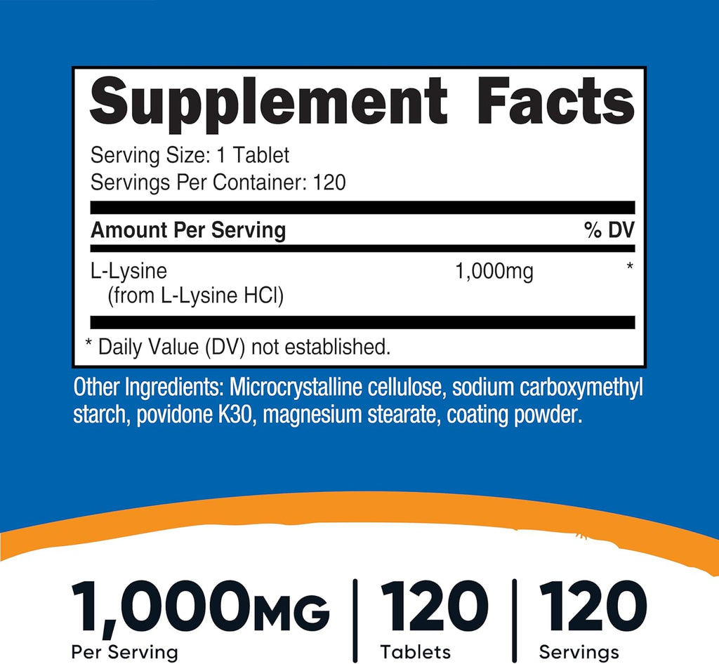 Nutricost L-Lysine 1000mg, 120 Tablets - Gluten Free, Non-GMO, and Vegetarian Friendly