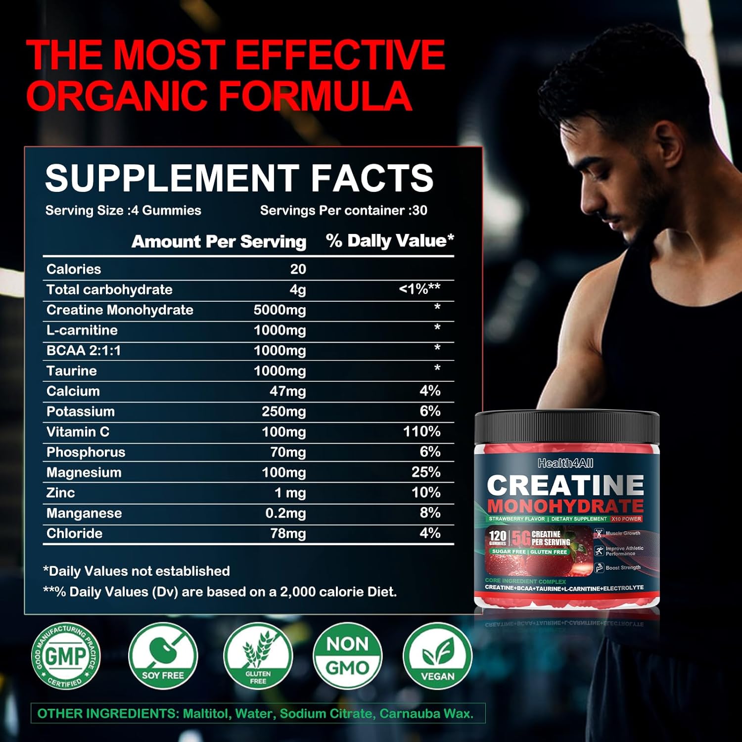 Health4All Creatine Monohydrate Gummies 5G for Men & Women, Preworkout Supplement for Energy & Muscle Growth Support with Electrolyte, BCAA, L-Carnitine & Taurine- Strawberry 120 Gummy