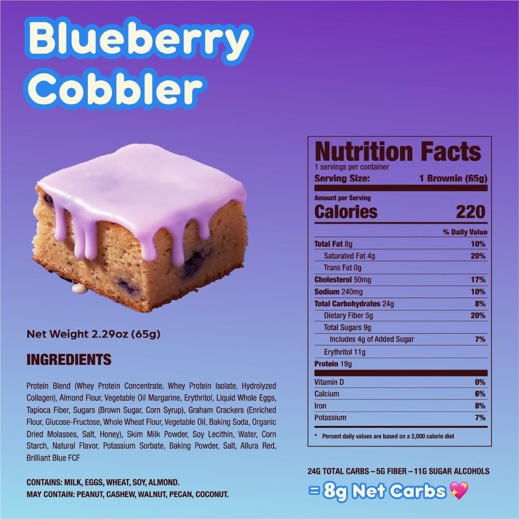 Prime Bites Protein Brownie from Alpha Prime Supplements | High Protein, Collagen Fortified Low Sugar Treat | Delicious Snack | 12 Bars per Box (Blueberry Cobbler)