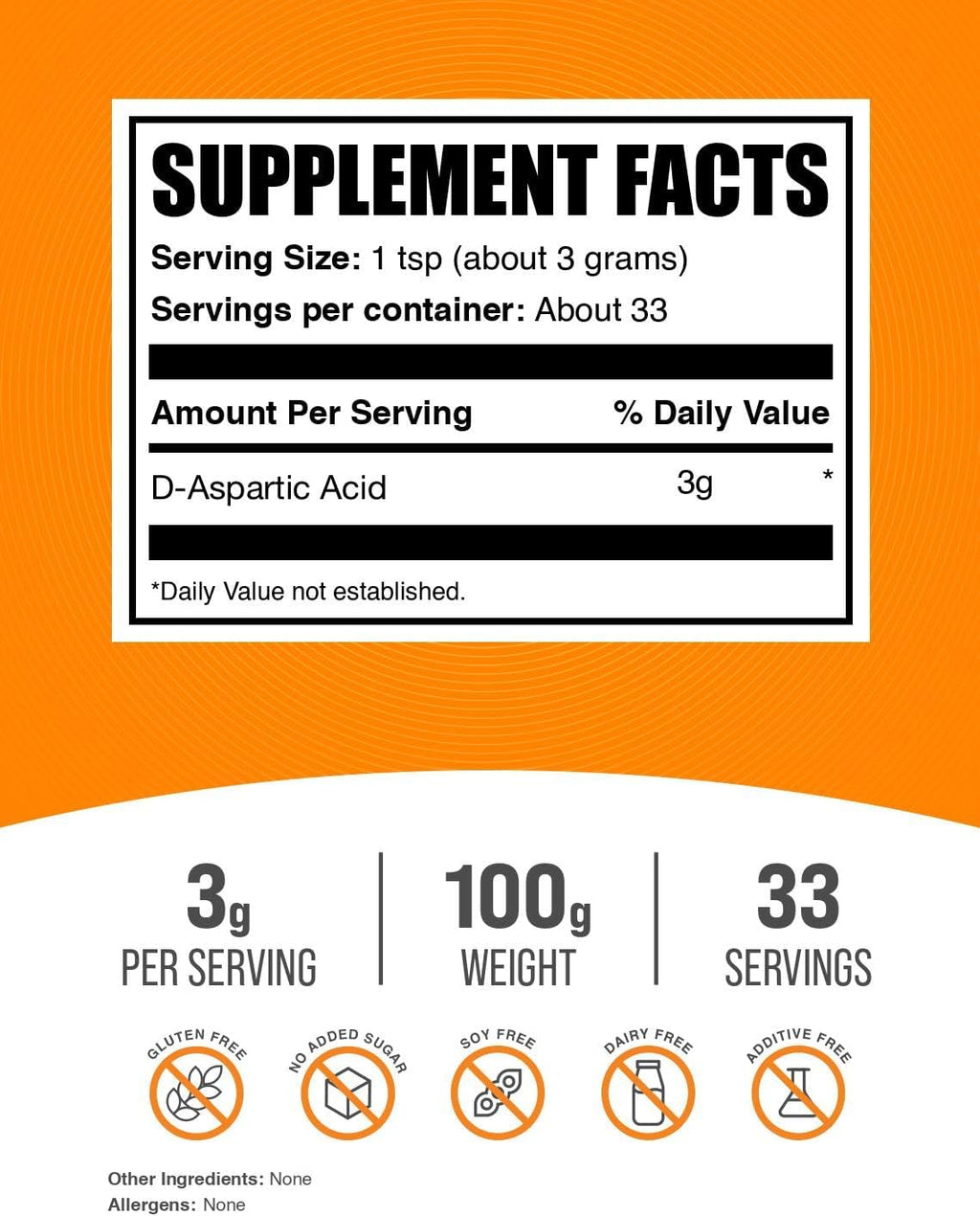 BulkSupplements.com D-Aspartic Acid Powder - D-Aspartic Acid Supplement for Men, Unflavored Amino Acid - Pure & Gluten Free, 3g per Serving, 100g (3.5 oz) (Pack of 1)