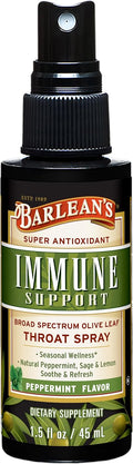 Barlean's Olive Leaf Complex Throat Spray, Immune Support Supplement with Peppermint, Lemon, and Sage for Itchy Throat Relief, Liquid Blended Extract, 1.5 oz