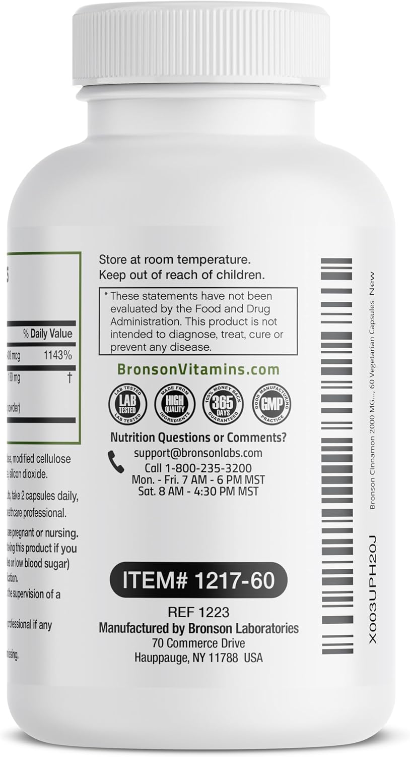 Bronson Cinnamon Plus Chromium Picolinate Supplement, High Potency Chromium, Non-GMO, 60 Vegetarian Capsules