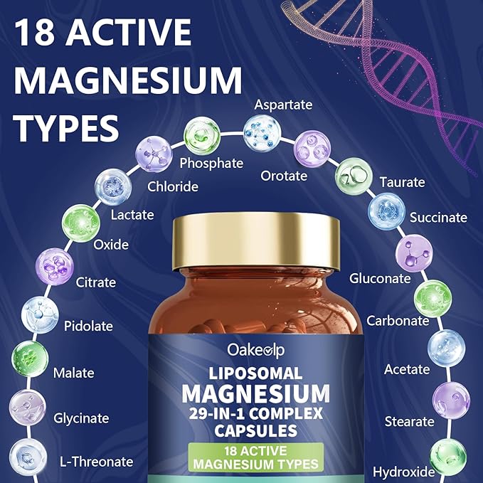 2 Pack 29-in-1 Liposomal 18 Active Types Magnesium Complex 1400MG Capsule,Mild & Efficient, L-Threonate Glycinate Malate etc, Extra Vitamin B6 B12 D3K2 & CoQ10, Relaxation Nerve & Heart