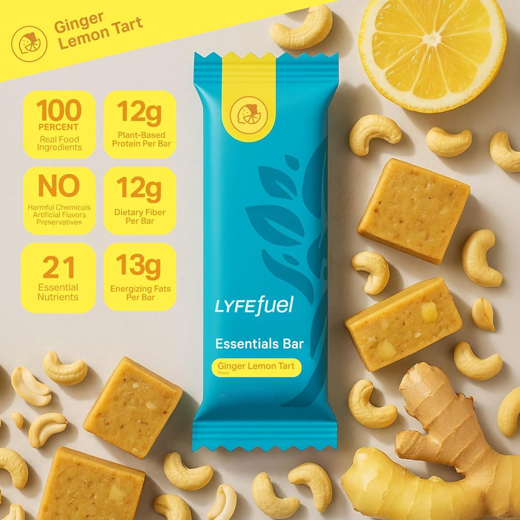 Essential Nutrition Bars by LyfeFuel | Vegan Protein Bar & Low Carb Meal Replacement for Intermittent Fasting and Hunger Control | 12g Plant-Based Protein, High Fiber, MCT Oil and 21 Organic Vitamins | No Sugar Alcohols (Lemon Ginger Tart) - 3 Pack
