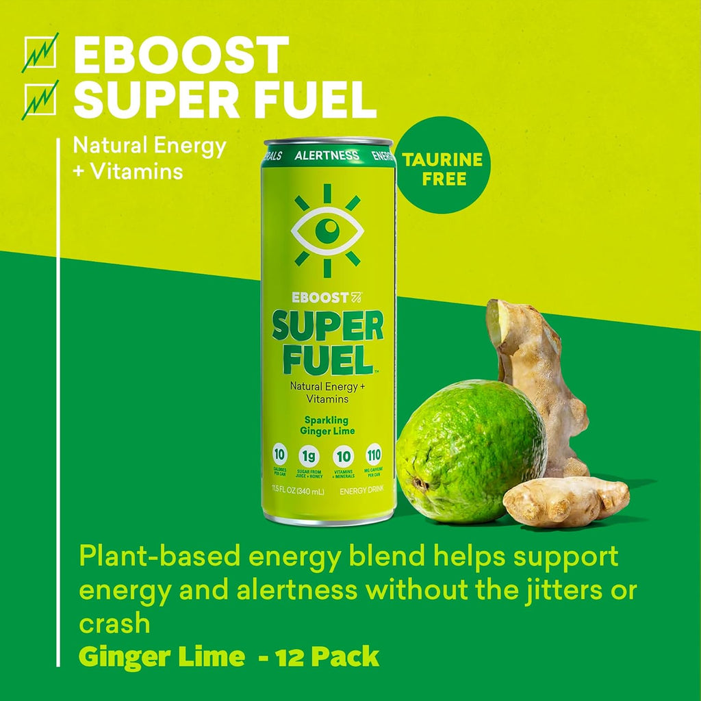 EBOOST Super Fuel Healthy Energy Drink - Caffeine from Natural & Clean Ingredients For Focus and Productivity -Taurine Free Pre-Workout With Electrolytes, Nootropic & Vitamins - Ginger Lime, 12 Pack