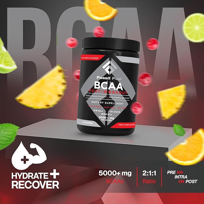 Fossil Fuel Sugar-Free BCAA Powder – Post-Workout Muscle Recovery with BCAAs, Glutamine, Vitamin B6, Amino Acids, Endurance & Hydration, Fruit Punch (30 Servings)