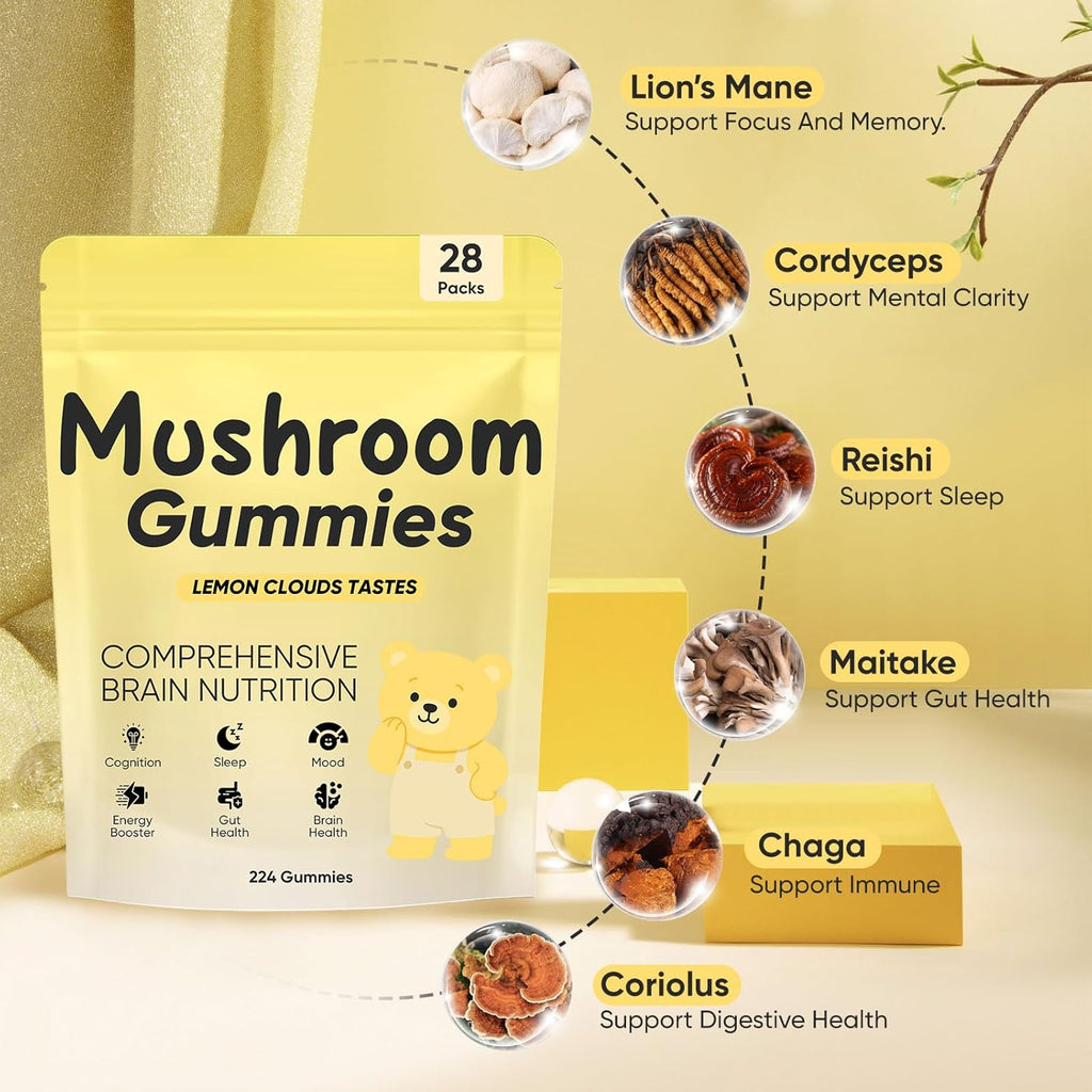 Lions Mane Mushroom Gummies – 10,000 mg Adaptogenic Mushroom Complex per Serving, Vegan, Low Sugar/Sugar-Free, Brain & Focus Support Supplement, 28 Daily Sachets