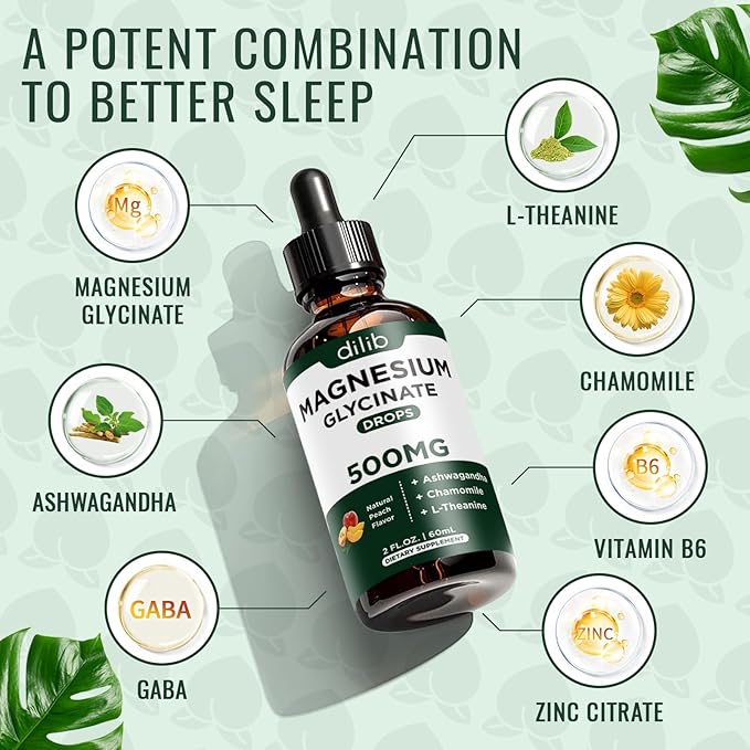 Magnesium Glycinate Liquid Drops Supplement, with Magnesium Glycinate 500mg Ashwagandha, L - Theanine, Chamomile -Support Stress Relief, Bone, Muscle, Mood Peach Flavor