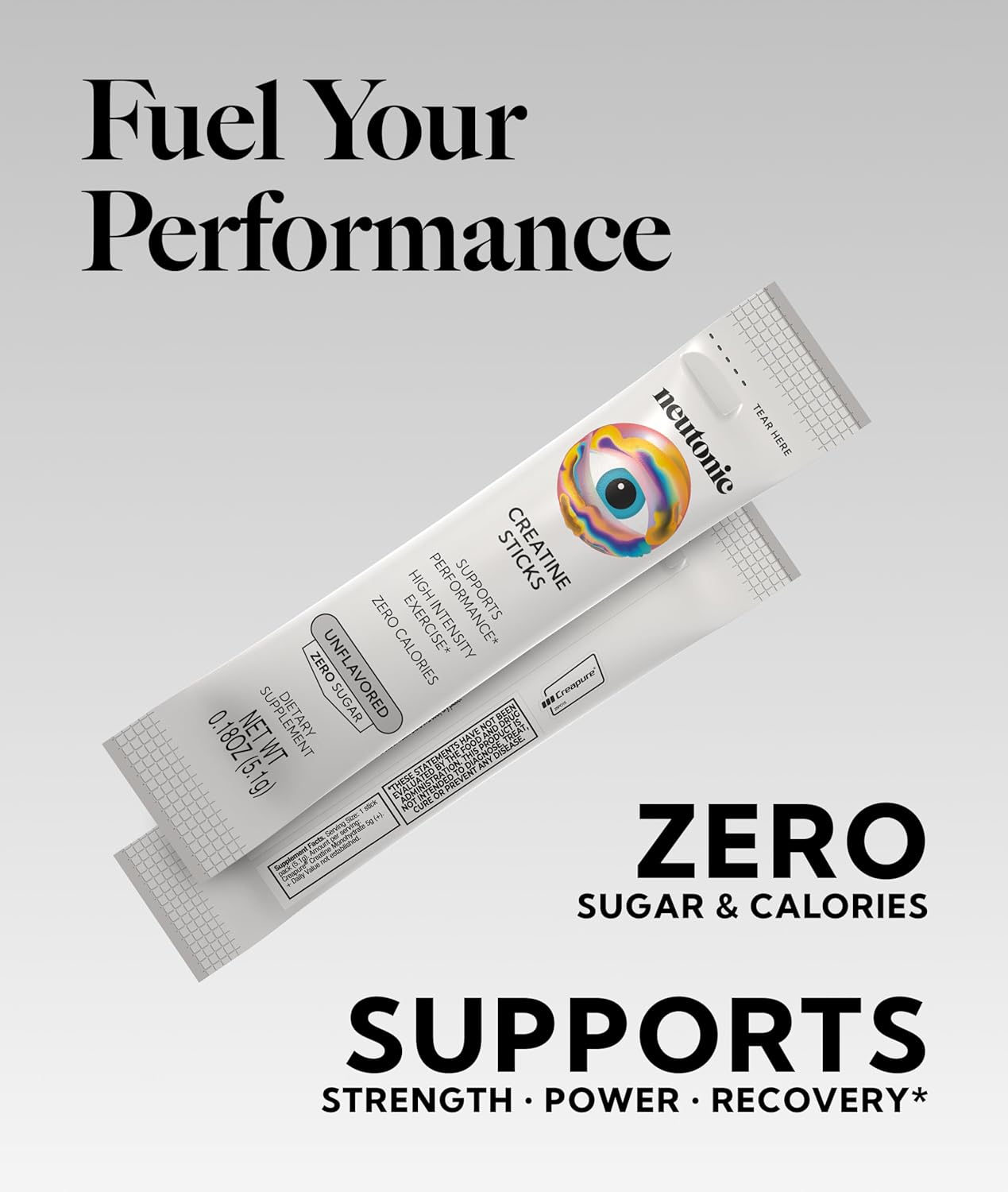 neutonic Creatine Monohydrate | Unflavored | Premium Micronized Creapure Creatine Powder | Supports Strength and Power | Zero Calories, Zero Sugar, Vegan | Convenient Single-Serve Packets | 30 Sticks