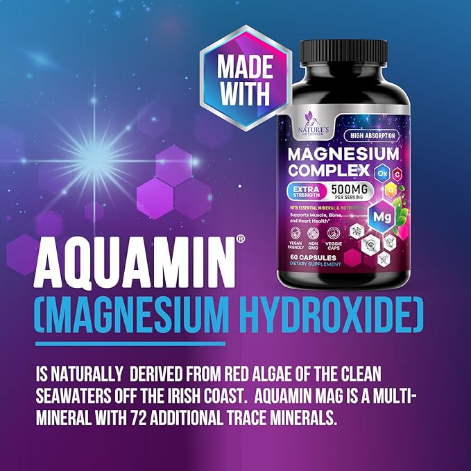 Magnesium Complex Supplement 500 mg - 5 in 1 High Absorption Blend, 100% Chelated Magnesium Glycinate & Malate Plus Citrate, Oxide, Aquamin - Non-GMO, Vegan Formula, Mag Complex Capsules - 60 Count