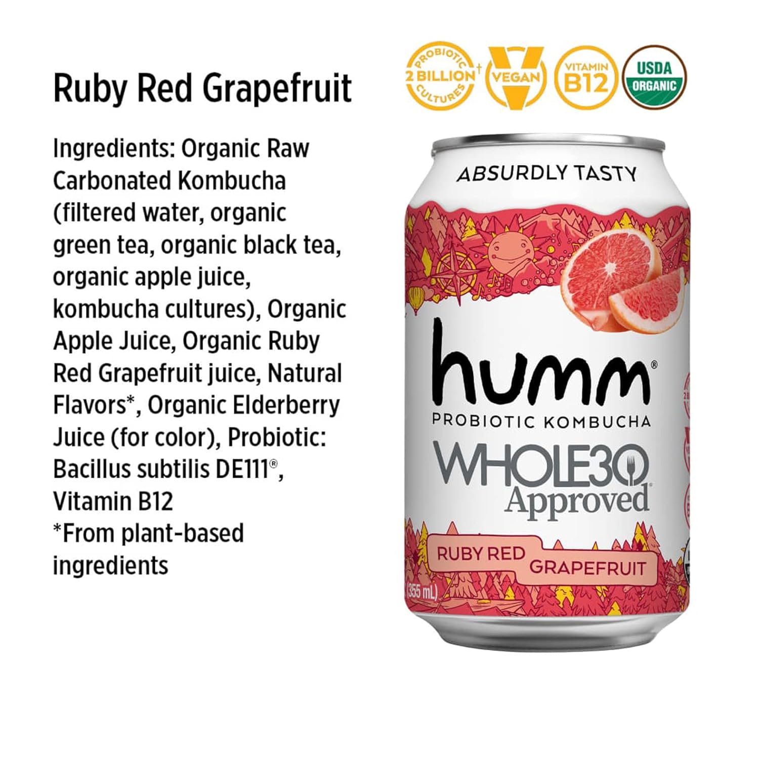 Humm Whole30 Approved Kombucha, Ruby Red Grapefruit, Organic, Vegan & GMO Free (24 Pack)