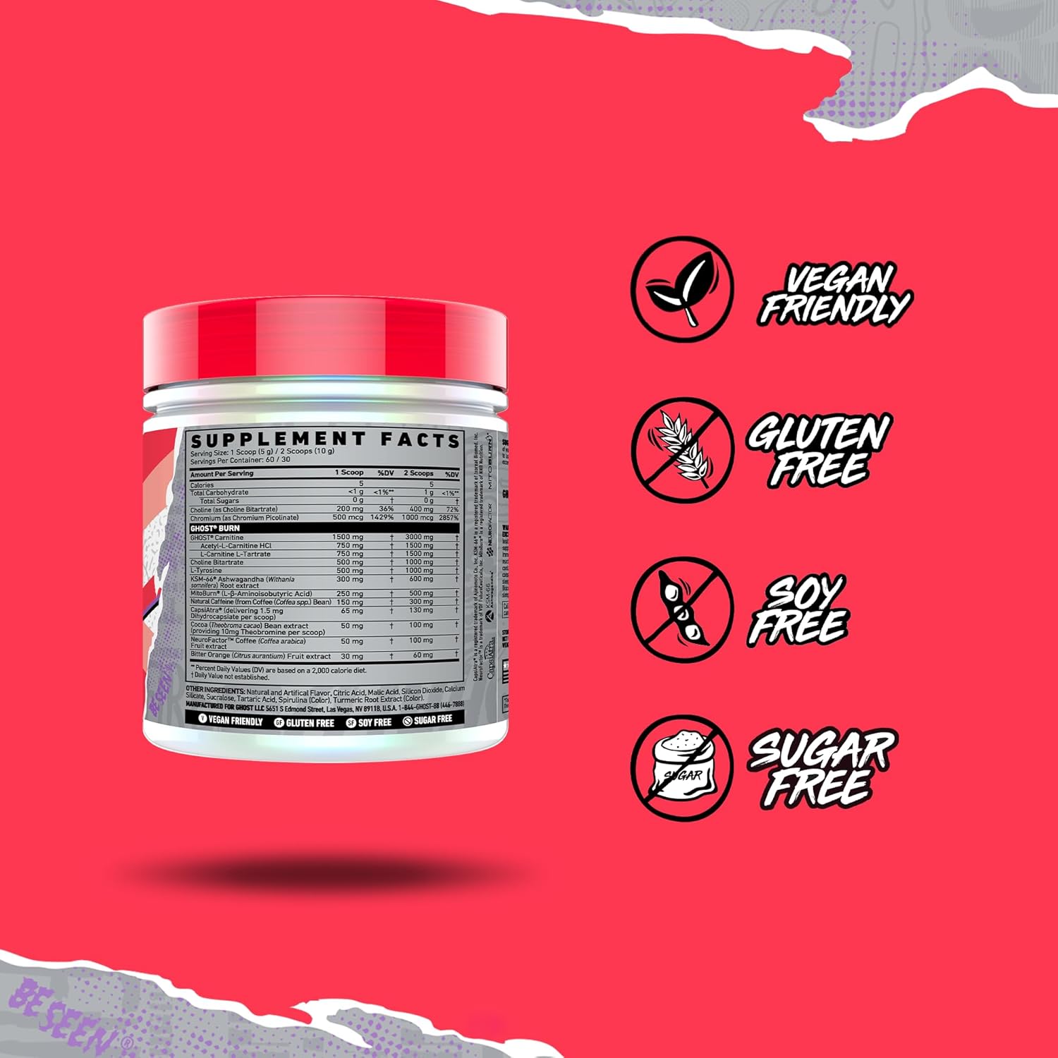 GHOST Burn Weight Management Powder, Guava Berry (60 Servings) - Metabolism & Energy Support Supplement for Men & Women - Natural Caffeine, L-Carnitine & L-Tyrosine - Gluten, Soy & Sugar-Free, Vegan