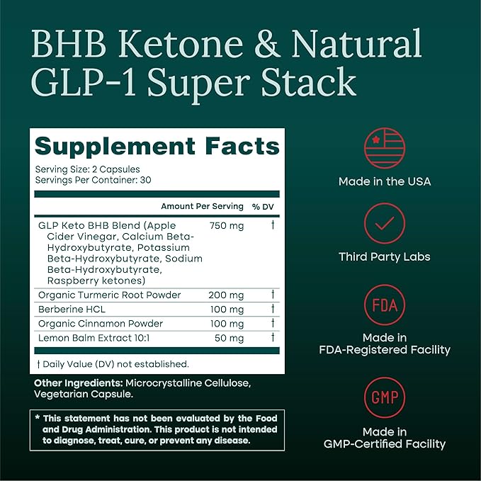 GLP-1 Supplement for Appetite Support and Metabolic Health for Men and Women with BHB Ketones, Apple Cider Vinegar, Berberine HCL, Turmeric and Cinnamon - Supports Energy, Digestion and Daily Balance