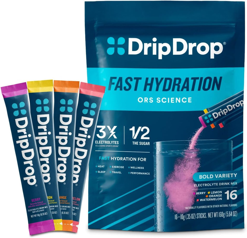 DripDrop Hydration Packets - Bold Variety Pack - Single Serve Electrolytes Powder Drink Mix - Watermelon, Berry, Lemon, Orange - Non-GMO, Gluten Free, Vegan - 16 Sticks