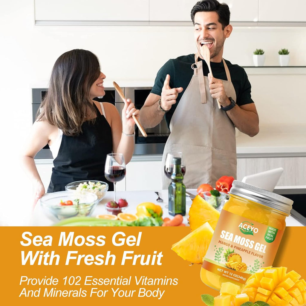 ACEYO (12 OZ) Irish Sea Moss Gel Raw Vegan Mango Pineapple Flavor 102 Vitamins and Minerals Wild Harvested Non-GMO Immune Defense Booster Thyroid Digestive Support