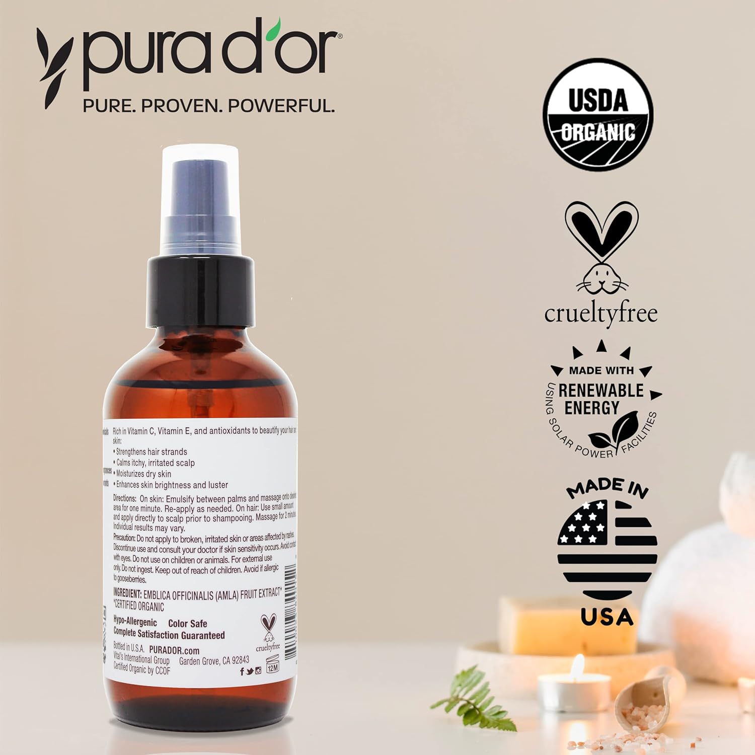 PURA D'OR Organic Amla Oil (4oz / 118mL) 100% Pure USDA Certified Premium Grade Natural Moisturizer, Cold Pressed, Hexane-Free Base Carrier for DIY Skin Care Men & Women, Pack of 1, 0.5 pounds