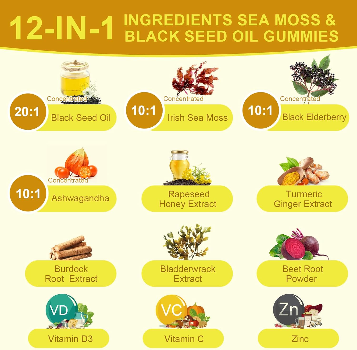 Black Seed Oil & Sea Moss Gummies, Organic Irish Sea Moss Gummies with Ashwagandha, Black Seed Oil, Elderberry, Turmeric, Vitamin D3/C and Zinc - Support Joints, Digestion, Hair & Skin