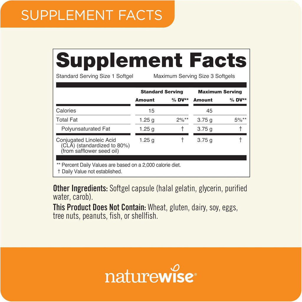 NatureWise CLA 1250 - Conjugated Linoleic Acid Supplement for Women and Men, Not Stimulating, Supports Healthy Weight, Fitness Goals - Non-GMO, Gluten Free - 90 Softgels[1-Month Supply]