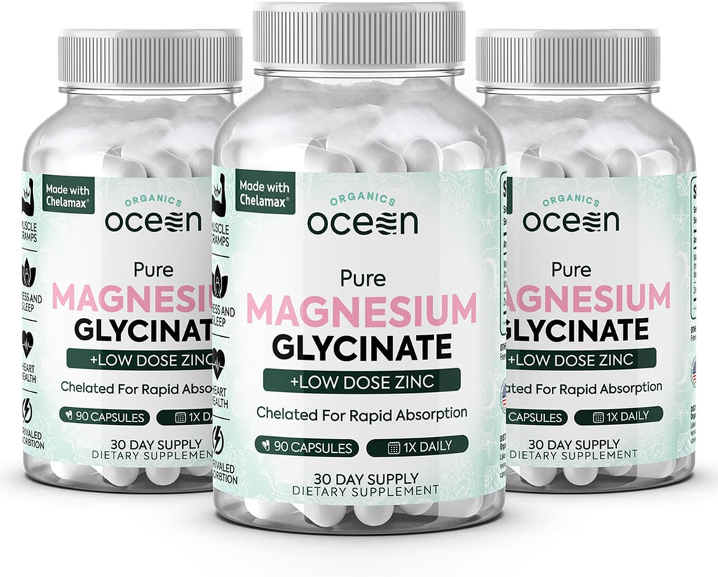 Pure Magnesium Glycinate with Zinc - Maximum Strength Chelated Magnesium Supplement for Women and Men for Muscle Cramps and Sleep Support - 3 Bottles