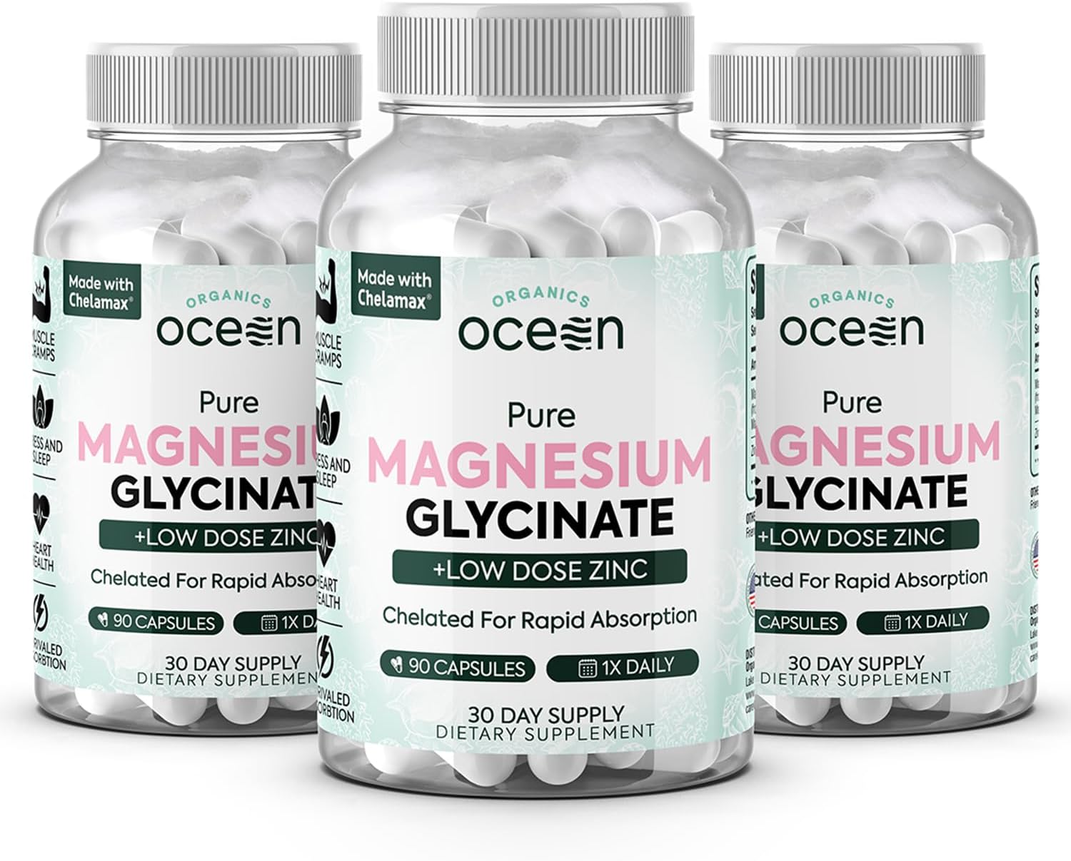 Pure Magnesium Glycinate with Zinc - Maximum Strength Chelated Magnesium Supplement for Women and Men for Muscle Cramps and Sleep Support - 3 Bottles