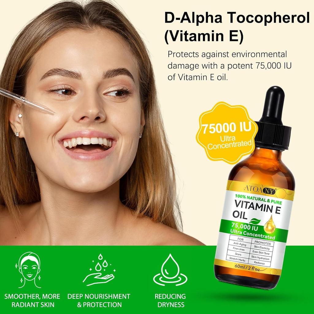 Vitamin E Oil Blend 75,000 IU, Vitamin E Oil for Skin, Scars, Face & Full Body, Tightening Plump Skin, Reduce Fine Lines & Scars, Moisturizing Skins, 2 Fl Oz