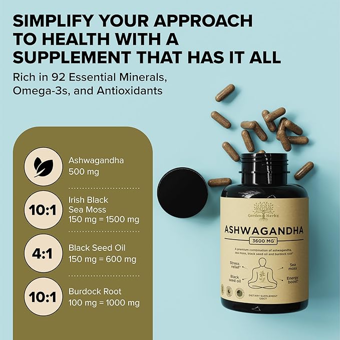 Organic Ashwagandha Root & Irish Sea Moss – 3,600 mg Ashwagandha Supplement with Black Seed Oil, & Burdock Root – Herbal Supplement for Energy, Extra Strength, 60 Caps