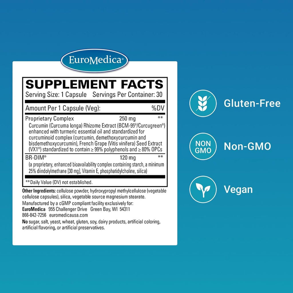 EuroMedica DIM + Curcumin - Estrogen Balance Support Supplement - Dietary Supplement with Curcumin & Grape Seed Extract - Turmeric Essential Oil for Healthy Metabolism Support - 30 Capsules