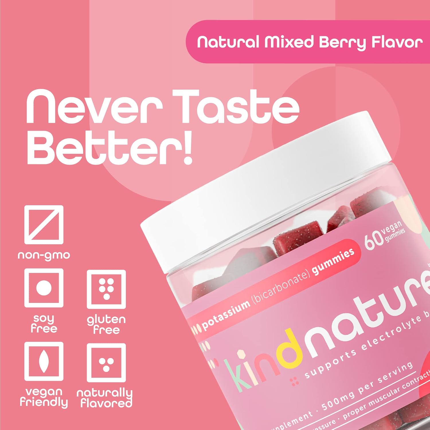 KINDNATURE High Potassium Supplement Gummies 500mg - Chewable for Adults & Kids - Pure Potassium Bicarbonate Mineral Supplement - Vegan, Gluten Free, Non GMO - 60 Gummies (30 Day Supply)