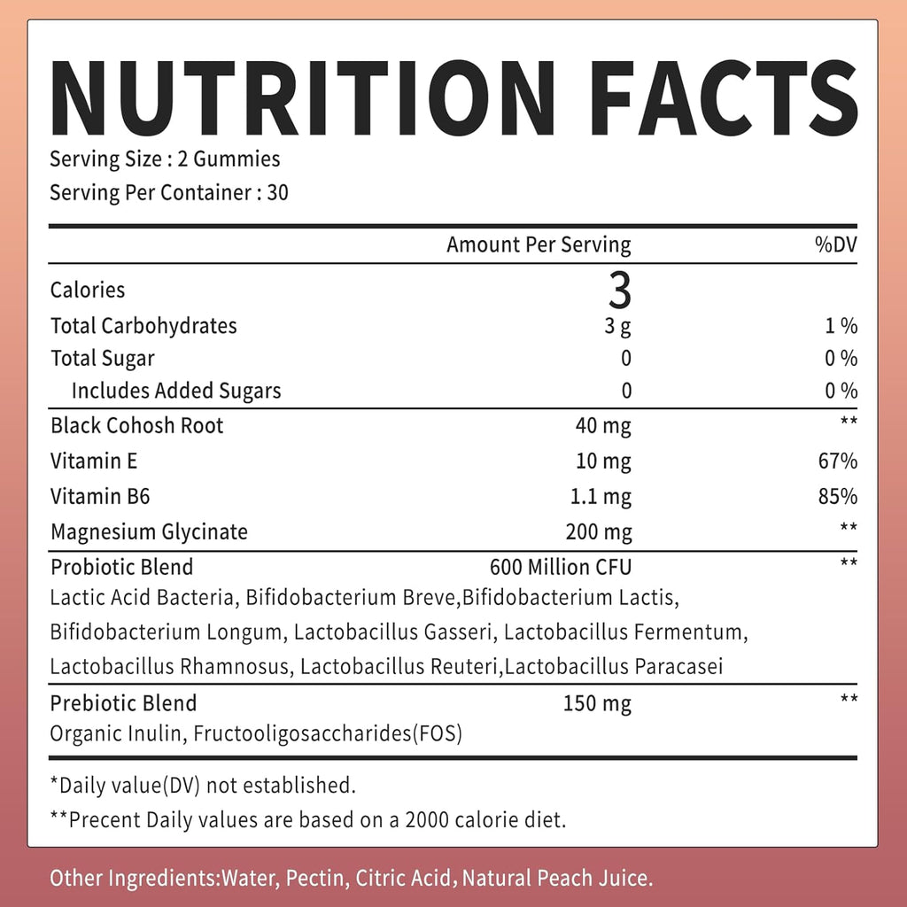 Black Cohosh Menopause and Menstrual Gummies with Magnesium, Vitamin E, Probiotic & Prebiotic - Hot Flashes* and Night Sweats* Relief Supplements - Vegan, Peach Flavored, 60 Counts