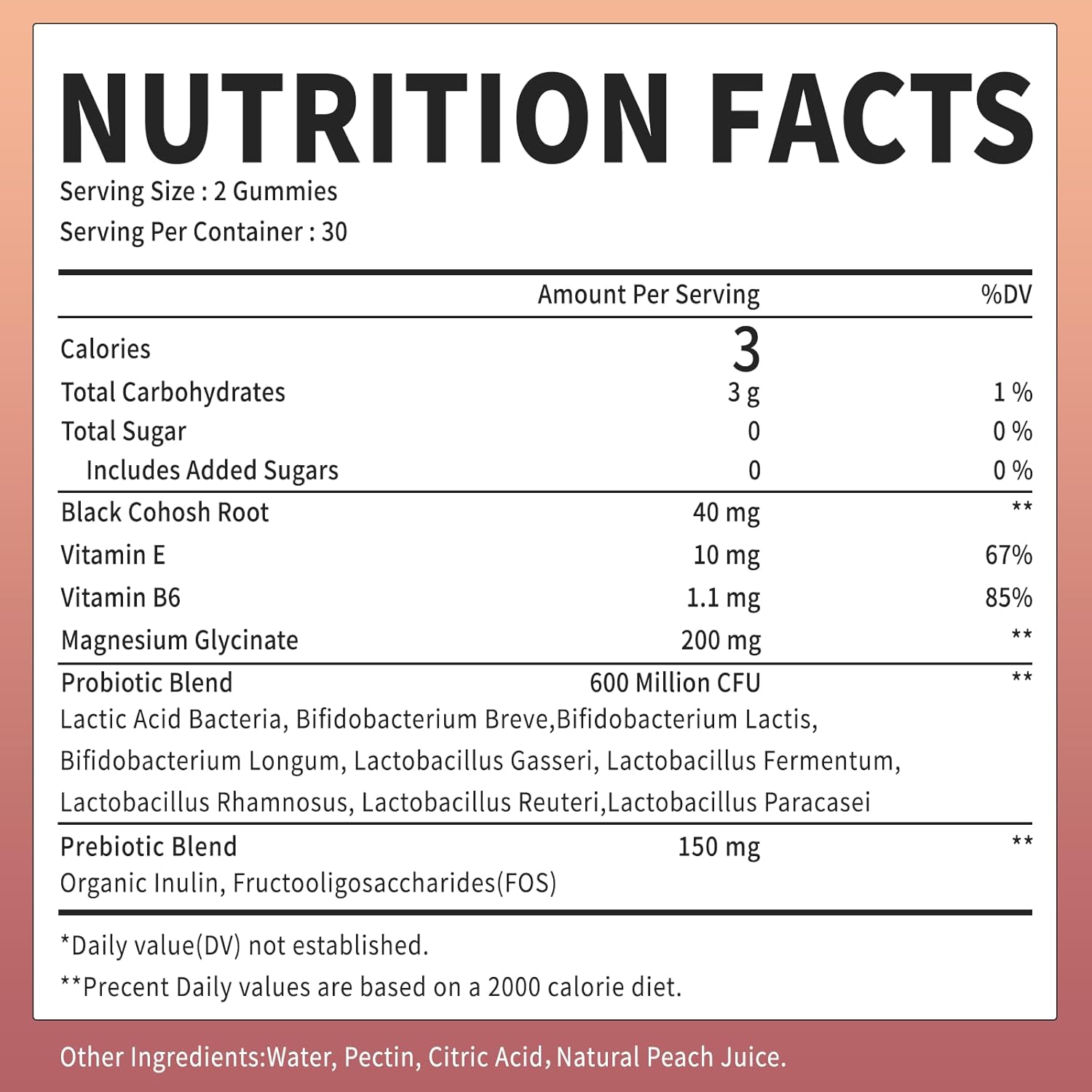Black Cohosh Menopause and Menstrual Gummies with Magnesium, Vitamin E, Probiotic & Prebiotic - Hot Flashes* and Night Sweats* Relief Supplements - Vegan, Peach Flavored, 60 Counts